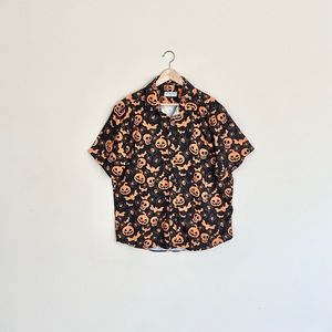 Halloween Spooky Pattern Pumpkin Skull Black Orange Button Down Shirt Mens Large